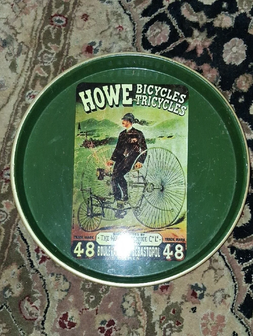 Howe Green Round Metal Tray with Vintage Bicycles Graphic